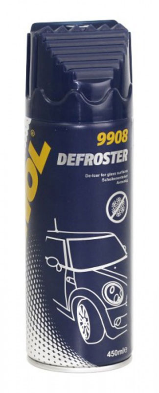 Размораживатель стекол MANNOL Defroster, 450 мл. 22432243 Размораживатель стекол MANNOL Defroster, 450 мл. 22432243MANNOL Defroster эффективно и в короткое время обеспечивает оттаивание льда на ветровом стекле автомобиля, облегчает его удаление и предупреждает повторное образование. Предоставляет водителю беспрепятственный обзор и способствует повышению безопасности движения. Устраняет необходимость длительного прогрева салона для оттаивания стекол. Этот продукт применим также для размораживания фар, замков, дверей автомобиля, крышки багажника и щеток стеклоочистителя. Удалить снег со стекла. Хорошо взболтать содержимое флакона. Держа банку вертикально, распылить средство, начиная сверху, равномерными горизонтальными полосами. Дать ему впитаться и затем удалить оттаявший лед. Распылить средство на уже очищенное стекло для предупреждения повторного образования льда.
