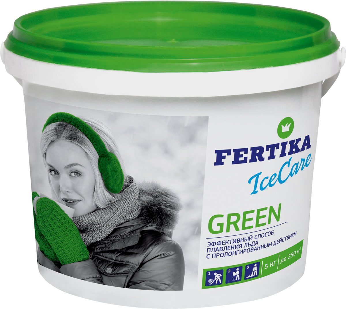 Реагент противогололедный Fertika IceCare Green, 5 кгBi-fertika0069 Реагент противогололедный Fertika IceCare Green, 5 кгBi-fertika0069Безопасный противогололедный реагент IceCare Green.Противогололедный реагент (кальций хлористый и натрий хлористый) Fertika IceCare Green, предназначен для обработки пешеходных зон и тротуаров с твердым покрытием, дорог и улиц, внутридворовых территорий, лестничных сходов, пандусов.Действует при контакте со снегом и льдом. Эффективен для разрушения образовавшегося льда, снежного наката и для предотвращения образования гололеда. Разрушает лед и связь льда с поверхностью, после чего поверхность возможно легко очистить.Преимущества:• Плавит лед в 2-5 раз быстрее, чем другие противоледные реагенты• Работает в экстремальных температурных диапазонах• Экологически чист и безопасен при соблюдении норм внесенияСпособ применения:1. Предварительно очистить поверхность от рыхлого снега.2. Равномерно рассыпать материал на обрабатываемую поверхность, средний расход материала составляет до 70 гр/м2 при толщине льда до 5 мм и температуре до -10 °С. Рекомендуемый расход материала в зависимости от погодных условий приведен в таблице.3. Убрать разрушенный лед и снег лопатой, либо щеткой по окончанию процесса плавления льда во избежание повторного образования льда.ПРОФИЛАКТИКА ОБРАЗОВАНИЯ ГОЛОЛЕДАМожет использоваться в качестве превентивного средства против образования наледи за счет пролонгированного действия.В случае прогнозируемых осадков и/или образования гололеда в ночные и утренние часы рекомендуется равномерно рассыпать материал на обрабатываемую поверхность ДО начала осадков. Расход материала составляет около 30 гр/м2 при температуре до -10 °С. При более низких температурах и значительных осадках расход материала рекомендуется увеличить. Использование противогололедных материалов в соответствии с нормами расходов позволит качественно и оперативно достичь желаемого результата.MEРЫ ПРЕДОСТОРОЖНОСТИ• Не применять в пищу.• Оказывает раздражающее действие на кожу и слизистые оболочки• При попадании в глаза вызывает выраженное раздражение.• При попадании в глаза промыть водой• При работе с материалом рекомендуется использовать перчатки.• Не рекомендуется применять для цементно-бетонных покрытий в течении года после укладки цементно-бетонной смеси.СОСТАВ ПРОТИВОГОЛОЛЕДНОГО РЕАГЕНТАКомпозиция на основе гранулированных хлорида кальция (CAS 10043-52-4) и хлорида натрия (CAS 7647-14-5) с добавлением антикоррозийных ингибиторов. Материал пожаро- и взрывобезопасен, не содержит тяжелых металлов и других вредных для людей и животных примесей. Не образует токсичных соединений в воздухе и сточных водах.ХРАНЕНИЕХранить в в недоступных для детей и домашних животных местах, в неповрежденной упаковке, в крытых помещениях, исключающих попадание влаги и прямых солнечных лучей. Материал гигроскопичен, для сохранения потребительских свойств необходимо плотно закрывать упаковку после каждого применения.СРОК ГОДНОСТИСрок годности 3 года с даты изготовления при условии соблюдения условий хранения.ГАРАНТИЙНЫЙ СРОК ХРАНЕНИЯ18 месяцев с даты изготовления при условии соблюдения условий хранения и целостности упаковки.