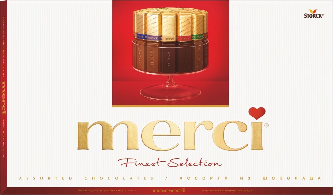 Merci Finest Selection конфеты ассорти, 400 г014419 Merci Finest Selection конфеты ассорти, 400 г014419Конфеты Merci Finest Selection - это великолепное ассорти из уникальной коллекции изысканного шоколада, для производства которого используются ингредиенты высокого качества.Набор представляет восемь изысканных видов шоколадных конфет: молочный шоколад, кофе и сливки, лесной орех и миндаль, ореховый крем, марципан, темный шоколад, темный мусс, кремовая начинка пралине. Как еще выразить благодарность от всего сердца близкому вам человеку?Уважаемые клиенты! Обращаем ваше внимание, что полный перечень состава продукта представлен на дополнительном изображении.