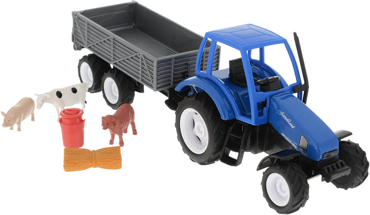 ТехноПарк Трактор с животными на прицепе цвет синий