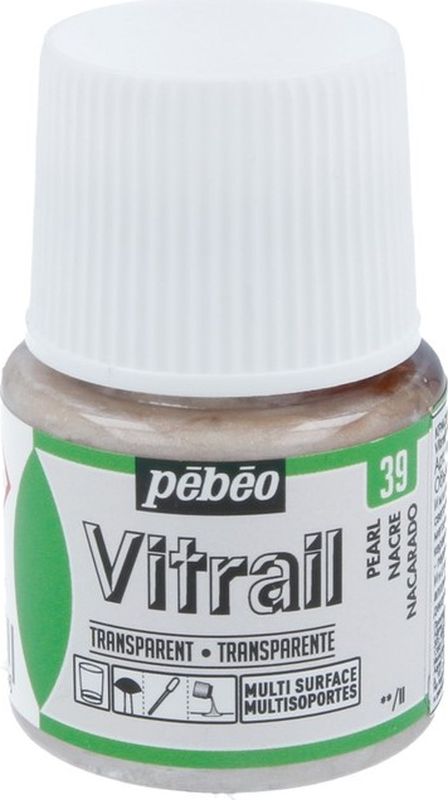 Pebeo Краска для стекла и металла Vitrail лаковая прозрачная цвет 050-039 жемчужный 45 мл050-039 Pebeo Краска для стекла и металла Vitrail лаковая прозрачная цвет 050-039 жемчужный 45 мл050-039Прозрачные краски на основе органического растворителя - сольвентаИмитация витражаВысокая светостойкостьЯркий интенсивный цвет Поверхности: стекло, металл, холст, зеркало, пластик, керамика, дерево Время высыхания - поверхностное 1 час, полное - 8 часов Инструменты: кисть, пипетка, аппликатор Использовать только в декоративных целях Очистка: растворитель без запаха, уайт-спирит