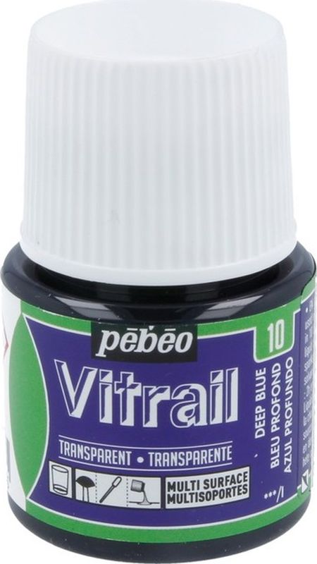 Pebeo Краска для стекла и металла Vitrail лаковая прозрачная цвет 050-010 темно-синий 45 мл050-010 Pebeo Краска для стекла и металла Vitrail лаковая прозрачная цвет 050-010 темно-синий 45 мл050-010Прозрачные краски на основе органического растворителя - сольвентаИмитация витражаВысокая светостойкостьЯркий интенсивный цвет Поверхности: стекло, металл, холст, зеркало, пластик, керамика, дерево Время высыхания - поверхностное 1 час, полное - 8 часов Инструменты: кисть, пипетка, аппликатор Использовать только в декоративных целях Очистка: растворитель без запаха, уайт-спирит