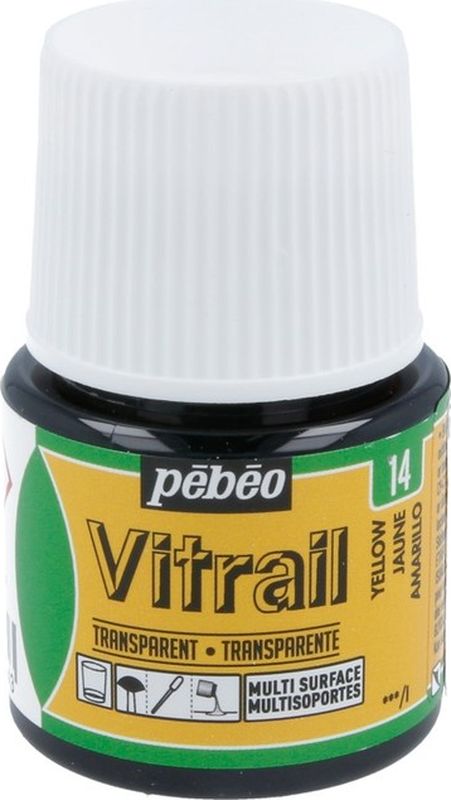 Pebeo Краска для стекла и металла Vitrail лаковая прозрачная цвет 050-014 желтый 45 мл050-014 Pebeo Краска для стекла и металла Vitrail лаковая прозрачная цвет 050-014 желтый 45 мл050-014Прозрачные краски на основе органического растворителя - сольвентаИмитация витражаВысокая светостойкостьЯркий интенсивный цвет Поверхности: стекло, металл, холст, зеркало, пластик, керамика, дерево Время высыхания - поверхностное 1 час, полное - 8 часов Инструменты: кисть, пипетка, аппликатор Использовать только в декоративных целях Очистка: растворитель без запаха, уайт-спирит