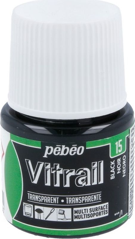 Pebeo Краска для стекла и металла Vitrail лаковая прозрачная цвет 050-015 черный 45 мл050-015 Pebeo Краска для стекла и металла Vitrail лаковая прозрачная цвет 050-015 черный 45 мл050-015Прозрачные краски на основе органического растворителя - сольвентаИмитация витражаВысокая светостойкостьЯркий интенсивный цвет Поверхности: стекло, металл, холст, зеркало, пластик, керамика, дерево Время высыхания - поверхностное 1 час, полное - 8 часов Инструменты: кисть, пипетка, аппликатор Использовать только в декоративных целях Очистка: растворитель без запаха, уайт-спирит