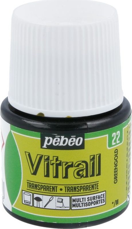 Pebeo Краска для стекла и металла Vitrail лаковая прозрачная цвет 050-022 золотисто-зеленый 45 мл050-022 Pebeo Краска для стекла и металла Vitrail лаковая прозрачная цвет 050-022 золотисто-зеленый 45 мл050-022Прозрачные краски на основе органического растворителя - сольвентаИмитация витражаВысокая светостойкостьЯркий интенсивный цвет Поверхности: стекло, металл, холст, зеркало, пластик, керамика, дерево Время высыхания - поверхностное 1 час, полное - 8 часов Инструменты: кисть, пипетка, аппликатор Использовать только в декоративных целях Очистка: растворитель без запаха, уайт-спирит