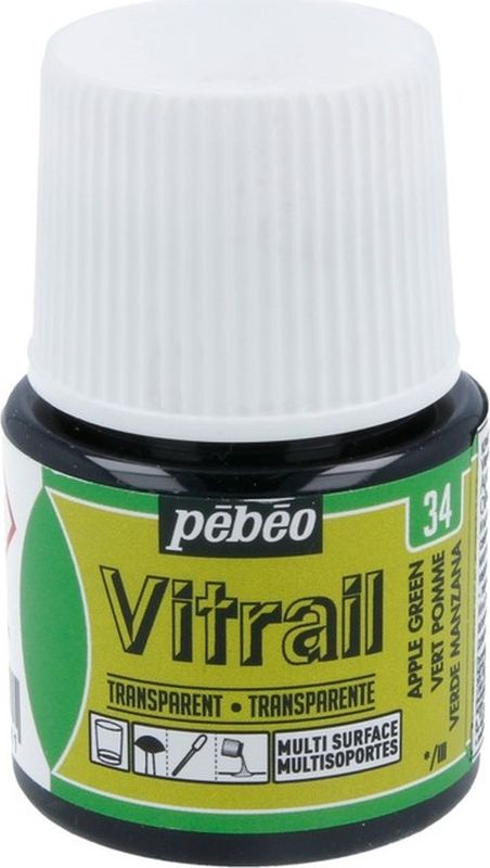 Pebeo Краска для стекла и металла Vitrail лаковая прозрачная цвет 050-034 зеленое яблоко 45 мл050-034 Pebeo Краска для стекла и металла Vitrail лаковая прозрачная цвет 050-034 зеленое яблоко 45 мл050-034Прозрачные краски на основе органического растворителя - сольвентаИмитация витражаВысокая светостойкостьЯркий интенсивный цвет Поверхности: стекло, металл, холст, зеркало, пластик, керамика, дерево Время высыхания - поверхностное 1 час, полное - 8 часов Инструменты: кисть, пипетка, аппликатор Использовать только в декоративных целях Очистка: растворитель без запаха, уайт-спирит