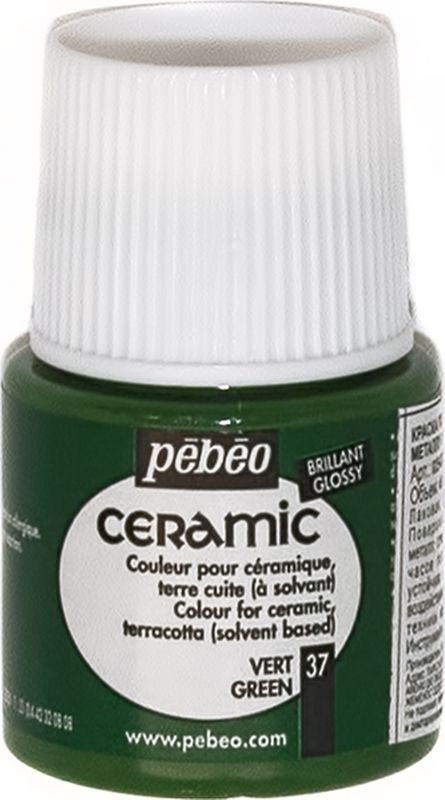 Pebeo Краска по керамике и металлу Ceramic цвет 025-037 зеленый 45 мл025-037 Pebeo Краска по керамике и металлу Ceramic цвет 025-037 зеленый 45 мл025-037Краски Ceramic на основе органического растворителя - сольвентаМожно наносить на глиняные изделия, дерево и даже холстИмеют очень высокую светостойкостьКраски смешиваются друг с другом Для сохранения блеска краскинеобходимо предварительно нанести грунт для пористых поверхностейЧтобы избежать потеков при нанесении краски на выпуклые поверхности не оставляйте много краски на кистиПрименение:Краски Ceramic наносятся кистью, губкой, через трафарет, подходят для техники марморирования…Краски Ceramic можно сочетать с фактурными красками Fantasy Moon для созданияэффекта мраморной поверхности Высыхание: 2 часа поверхностное, 10 часов полноеВремя высыхания может меняться взависимости: от толщины нанесенного слоя, от температуры и влажности рабочего помещения Разбавление-очистка:Растворитель без запаха или уайт-спирит