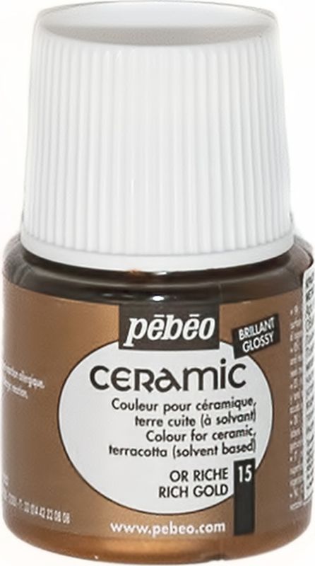 Pebeo Краска по керамике и металлу Ceramic 025-015 под яркое золото 45 мл025-015 Pebeo Краска по керамике и металлу Ceramic 025-015 под яркое золото 45 мл025-015Краски Ceramic на основе органического растворителя - сольвентаМожно наносить на глиняные изделия, дерево и даже холстИмеют очень высокую светостойкостьКраски смешиваются друг с другом Для сохранения блеска краскинеобходимо предварительно нанести грунт для пористых поверхностейЧтобы избежать потеков при нанесении краски на выпуклые поверхности не оставляйте много краски на кистиПрименение:Краски Ceramic наносятся кистью, губкой, через трафарет, подходят для техники марморирования…Краски Ceramic можно сочетать с фактурными красками Fantasy Moon для созданияэффекта мраморной поверхности Высыхание: 2 часа поверхностное, 10 часов полноеВремя высыхания может меняться взависимости: от толщины нанесенного слоя, от температуры и влажности рабочего помещения Разбавление-очистка:Растворитель без запаха или уайт-спирит