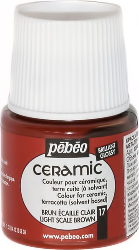 Pebeo Краска по керамике и металлу Ceramic 025-017 коричневый 45 мл025-017 Pebeo Краска по керамике и металлу Ceramic 025-017 коричневый 45 мл025-017Краски Ceramic на основе органического растворителя - сольвентаМожно наносить на глиняные изделия, дерево и даже холстИмеют очень высокую светостойкостьКраски смешиваются друг с другом Для сохранения блеска краскинеобходимо предварительно нанести грунт для пористых поверхностейЧтобы избежать потеков при нанесении краски на выпуклые поверхности не оставляйте много краски на кистиПрименение:Краски Ceramic наносятся кистью, губкой, через трафарет, подходят для техники марморирования…Краски Ceramic можно сочетать с фактурными красками Fantasy Moon для созданияэффекта мраморной поверхности Высыхание: 2 часа поверхностное, 10 часов полноеВремя высыхания может меняться взависимости: от толщины нанесенного слоя, от температуры и влажности рабочего помещения Разбавление-очистка:Растворитель без запаха или уайт-спирит