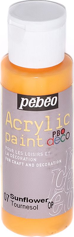 Pebeo Краска акриловая декоративная Acrylic Paint цвет 097007 подсолнух 59 мл097007 Pebeo Краска акриловая декоративная Acrylic Paint цвет 097007 подсолнух 59 мл097007Декоративные акриловые краски Acrylic Paint предназначены для росписи по дереву, гипсу, картону и другим поверхностямКраски смешиваются друг с другомВодостойкие после высыханияОбладают высокой покрывной способностьюИмеют матовый блескРазводятся водой
