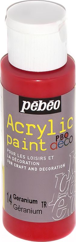 Pebeo Краска акриловая декоративная Acrylic Paint цвет 097014 герань 59 мл097014 Pebeo Краска акриловая декоративная Acrylic Paint цвет 097014 герань 59 мл097014Декоративные акриловые краски Acrylic Paint предназначены для росписи по дереву, гипсу, картону и другим поверхностямКраски смешиваются друг с другомВодостойкие после высыханияОбладают высокой покрывной способностьюИмеют матовый блескРазводятся водой