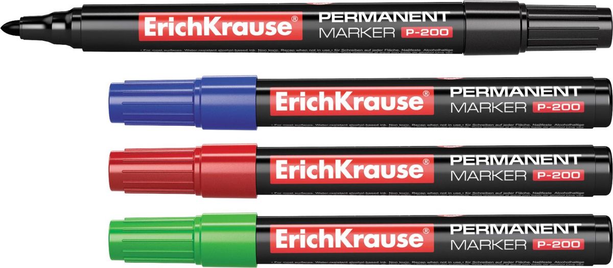 Erich Krause Маркер перманентный P-200 зеленый 47804780 Erich Krause Маркер перманентный P-200 зеленый 47804780Перманентный маркер с наконечником пулевидной формы. Для работы в офисно-складских помещениях, для маркировки коробок и нанесения инвентарныхномеров, а также для письма на любых поверхностях: бумага, картон, стекло, пластик, фарфор, дерево и др. Наконечник устойчивый к повреждению иистиранию. Ширина письма – 0. 8-2. 2 мм. Длина письма – 950 м. Чернила на спиртовой основе, водоcтойкие, светостойкие, стойкие к ультрафиолетовымлучам. Быстро высыхают после нанесения. Нетоксичные. Не содержат ксилол. Стабильное письмо при снижении давления (в самолете).