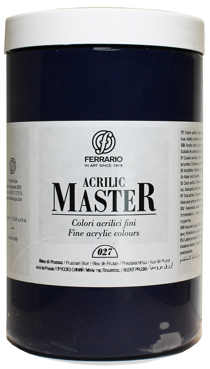 Ferrario Краска акриловая Acrilic Master цвет №27 синий Прусский 1000 млBM0979E027 Ferrario Краска акриловая Acrilic Master цвет №27 синий Прусский 1000 млBM0979E027Акриловые краски серии ACRILIC MASTER итальянской компании Ferrario. Универсальны в применении, так как хорошо ложатся на любую обезжиренную поверхность: бумага, холст, картон, дерево, керамика, пластик. При изготовлении красок используются высококачественные пигменты мелкого помола. Краска быстро сохнет, обладает отличной укрывистостью и насыщенностью цвета. Работы, сделанные с помощью ACRILIC MASTER, не тускнеют и не выгорают на солнце. Все цвета отлично смешиваются между собой и при необходимости разбавляются водой. Для достижения необходимых эффектов применяют различные медиумы для акриловой живописи. В серии представлено 50 цветов.