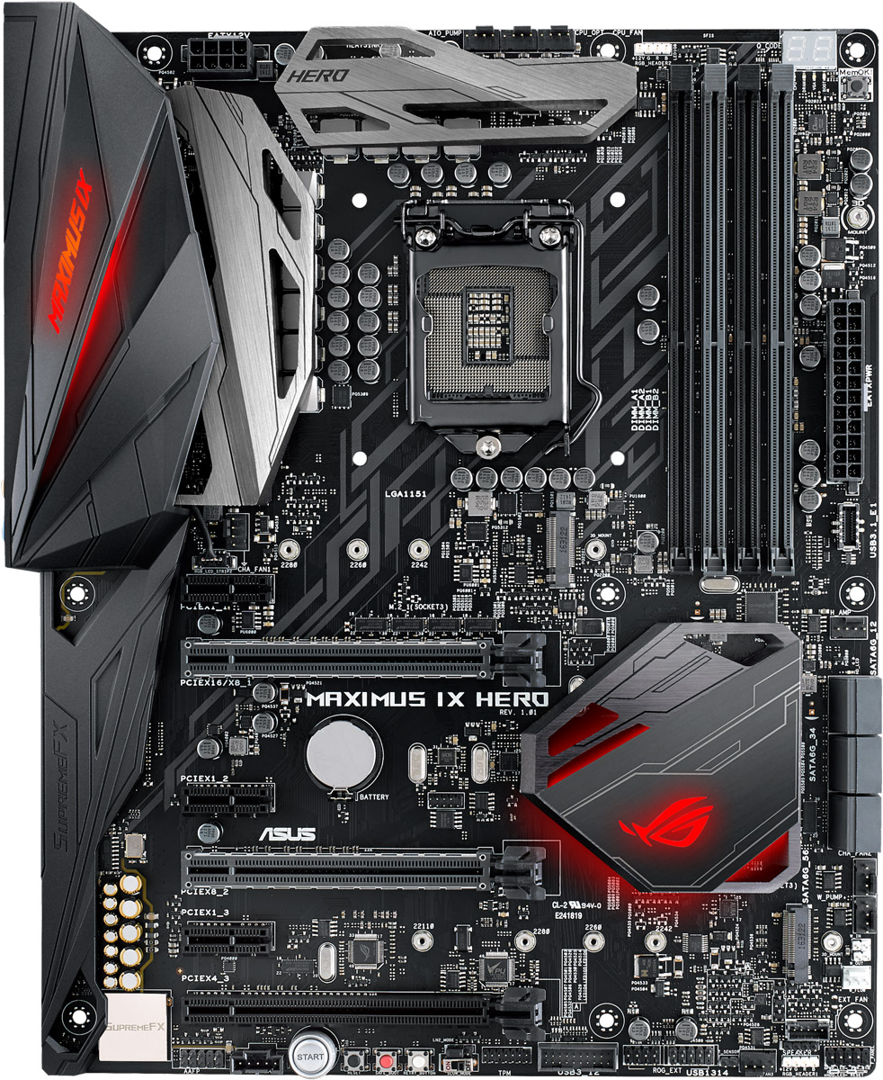 ASUS ROG Maximus X Hero материнская плата90MB0V30-M0EAY0 ASUS ROG Maximus X Hero материнская плата90MB0V30-M0EAY0ASUS ROG Maximus X Hero - это не только мощная и функциональная, но еще и невероятно красивая материнская плата, ведь она оснащается встроенной системой подсветки Aura с гибкой регулировкой. Кроме того, к ней можно подключить дополнительные светодиодные ленты и синхронизировать визуальные эффекты с другими Aura-совместимыми устройствами ASUS, чтобы тем самым придать еще большую индивидуальность и яркость своему компьютеру.На материнской плате ROG Maximus X Hero имеется три разъема для подключения светодиодных лент или соответствующих вентиляторов, кулеров, корпусов, причем один из них поддерживает программируемые ленты, у которых каждым светодиодом можно управлять отдельно.На материнской плате имеются специальные монтажные отверстия для установки напечатанных на 3D-принтере аксессуаров. Их крепление осуществляется такими же винтами, что и крепление накопителей с интерфейсом M.2.Высокоскоростные твердотельные накопители нуждаются в хорошем охлаждении, потому что в случае перегрева их производительность может падать. Поэтому на материнской плате ROG Maximus X Hero имеется радиатор, предназначенный специально для такого накопителя, который вставляется в слот M.2. Обладая оригинальной угловатой формой, он служит еще одним декоративным элементом в облике всей материнской платы, а установленный на нем температурный датчик помогает отслеживать статус охлаждаемого устройства.На данной материнской плате используется Ethernet-контроллер Intel I219-V. Сетевые решения, разработанные специалистами компании Intel, славятся своей стабильной и эффективной работой при низком уровне загрузки центрального процессора.Используя четыре линии PCI Express 3.0/2.0, интерфейс M.2 обеспечивает скорость передачи данных до 32 Гбит/с. Он идеально подходит для подключения современных твердотельных накопителей.Для слотов памяти используется оптимизированная разводка в определенном слое печатной платы (технология OptiMem), способствующая минимизации электромагнитных помех, и T-образная топология подключения, улучшающая синхронизацию между сигналами, идущими в разные модули. Благодаря этому улучшается стабильность работы памяти при заполнении всех слотов, в том числе и на повышенных частотах – вплоть до DDR4-4133.ASUS Pro Clock – это специальный генератор тактовой частоты, позволяющий значительно повышать базовую частоту работы для процессоров Intel Core восьмого поколения. Дополняя уже знакомый пользователям TPU-чип, он дает возможность добиться более высоких результатов при разгоне компьютера.Утилита ASUS Fan Xpert 4 позволяет регулировать скорость вращения различных вентиляторов и работу помпы водяной системы охлаждения в зависимости от уровня загрузки и температуры компонентов компьютера. Пользуясь гибкими настройками, можно легко обеспечить эффективное охлаждение при минимальном уровне шума.Встроенная аудиосистема SupremeFX, реализованная на данной материнской плате, может похвастать невероятно высоким качеством линейного входа для записи звука (соотношение сигнал шум – 113 дБ). Помимо современного кодека SupremeFX S1220, в ее состав входит цифро-аналоговый преобразователь ESS Sabre Hi-Fi ES9023P для фронтальных аудиовыходов и операционный усилитель Texas Instruments RC4580, отличающийся низким уровнем искажений.Новейшая версия программного обеспечения Sonic Studio умеет воспроизводить виртуальный пространственный звук при использовании VR-шлема, а имеющийся в нем эквалайзер дает возможность гибко настраивать параметры звучания по своему вкусу.Предустановленная заглушка для задней панели компьютерного корпуса не только красиво выглядит, но и помогает избежать случайных повреждений интерфейсных разъемов, а также служит дополнительной защитой от статического электричества.