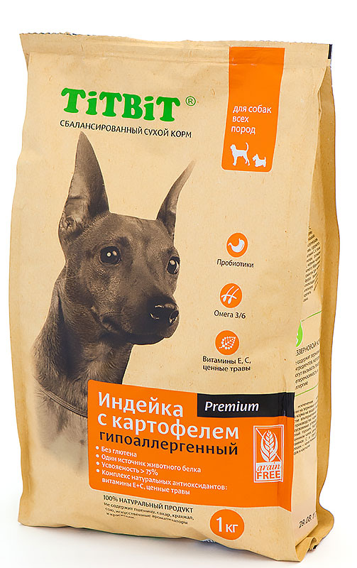 Корм сухой Titbit для собак, гипоаллергенный, индейка с картофелем, 1 кг9109 Корм сухой Titbit для собак, гипоаллергенный, индейка с картофелем, 1 кг9109Сбалансированный сухой корм TiTBiT премиум класса Индейка с картофелем разработан специально для удовлетворения потребностей собак, склонных к аллергии. Из формулы корма исключены злаки и глютен. В качестве источника белка животного происхождения используется один вид мяса. Содержит все необходимые для здорового развития витамины, минералы и микроэлементы, обладает великолепными вкусовыми качествами.