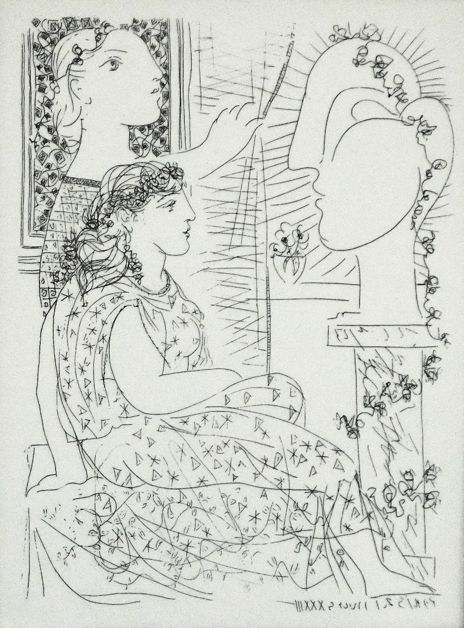 Две модели в одеждах и скульптурный бюст (№17). Пабло Пикассо. Сюита Воллара. Литография. Испания, 1956 год