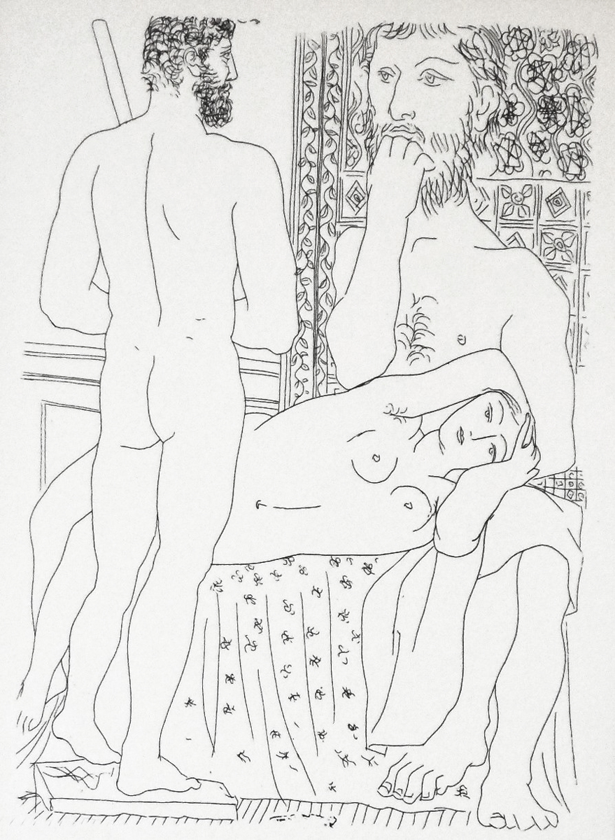 Скульптор, лежащая модель и скульптура (№14). Пабло Пикассо. Сюита Воллара. Литография. Испания, 1956 год