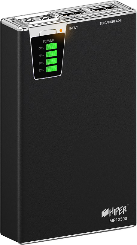 HIPER MP12500, Black внешний аккумулятор (12500 мАч)MP12500 HIPER MP12500, Black внешний аккумулятор (12500 мАч)MP12500Внешний аккумулятор Hiper Power Bank серии MP выполнен в классическом дизайне и отличается богатым набором адаптеров под различные типы заряжаемых устройств.Максимальный выходной ток - 2,1А, устройство снабжено двумя USB-выходами и индикатором уровня заряда. Высококачественный литий-ионный аккумулятор обладает встроенной защитой: от избыточного заряда и полного разряда, от перенапряжения и перегрузки по силе тока, от короткого замыкания - все это обеспечивает максимальную безопасность использования и подтверждает заслуженную репутацию надежного производителя аналогичных устройств.