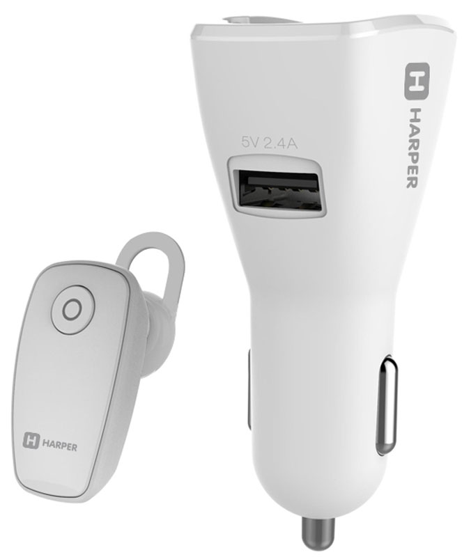 Harper HBT-1723, White Bluetooth-гарнитура + автомобильное зарядное устройство