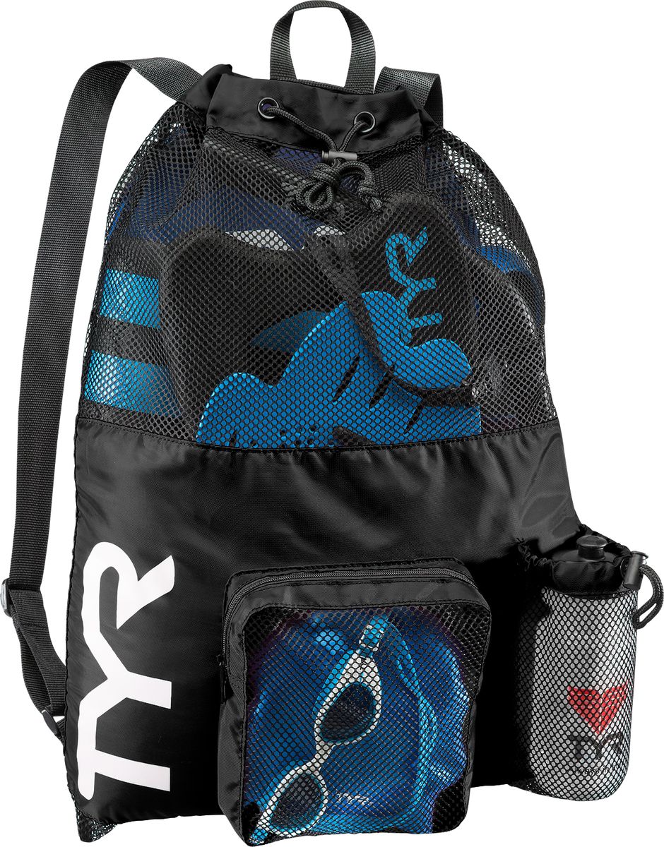 Рюкзак для аксессуаров Tyr Big Mesh Mummy Backpack, цвет: черный. LBMMB3LBMMB3 Рюкзак для аксессуаров Tyr Big Mesh Mummy Backpack, цвет: черный. LBMMB3LBMMB3Мешок TYR является идеальным выбором для транспортировки влажной плавательной экипировки. Его очень комфортно носить на спине благодаря удобным лямкам и сетчатой проветриваемой поверхности. Мешок сделан из легкого и прочного материала, который обеспечивает долгий срок службы. Мешок имеет боковой карман на молнии и карман для бутылки. Благодаря устойчивости к влаге можно брать с собой как в бассейн, так и на пляж.Размеры: 64 см х 48 смОбъем: 40 литров