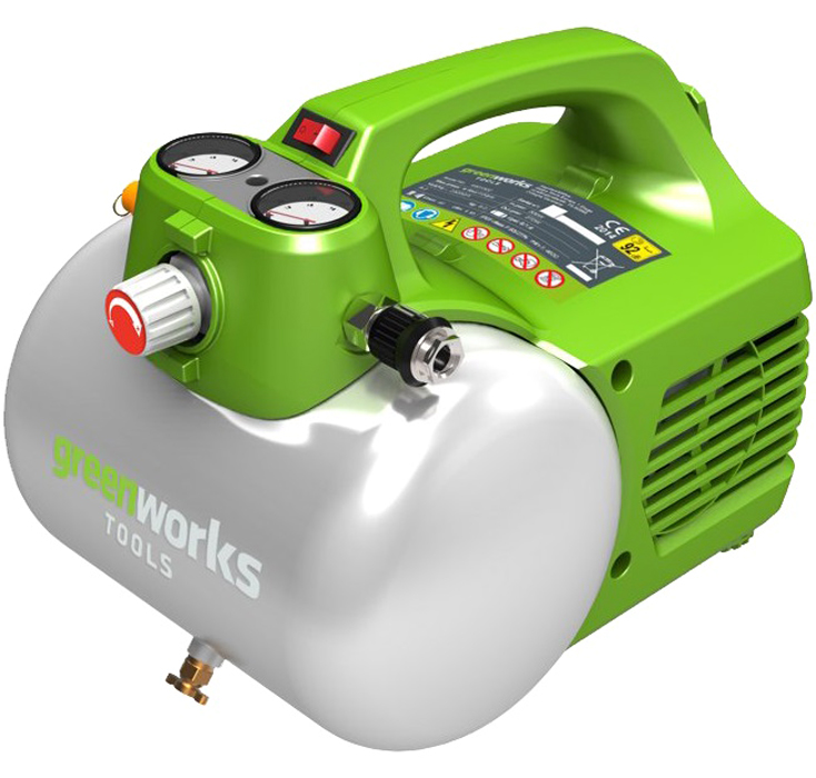 Компрессор электрический Greenworks, 300W, 6 л 41013024101302 Компрессор электрический Greenworks, 300W, 6 л 41013024101302Электрический, проводной, воздушный компрессор Greenworks. Оснащен ручкой регулятора давления для регулировки количества воздуха, поступающего через шланг. Безмасленный насос снижает потребность в техническом обслуживании.Воздушный компрессор оснащен быстроразъемным соединением, расположенным на боковой стороне устройства. Имеет 2 л воздушный резервуар и 2 манометра (регулировочный манометр давления и манометр давления в резервуаре). На регулировочном манометре давления отображается текущее давление в трубопроводе. Это давление можно регулировать вращением ручки регулятора давления. Манометр давления в резервуаре показывает давление воздуха в резервуаре.Изделие оборудовано сливным и предохранительным клапанами. Сливной клапан на резервуаре предназначен для слива конденсата, что позволяет предотвратить коррозию резервуара.Предохранительный клапан предназначен для автоматического выпуска воздуха, если давление в воздушном резервуаре превышает заданное максимальное значение.Воздушный компрессор был разработан таким образом, чтобы надежно стоять в горизонтальном или вертикальном положении. Эта модель моментально готова к работе нажатием одной кнопки. Преимущества модели:- Компактный размер и малый вес.- Не требует времени для подготовки к работе.- Сливной и предохранительный клапаны.- Безмасленный насос.- Быстроразъемное соединение.- Манометры давления.- Удобная ручка для переноски.- Кнопка включения.Технические характеристики: Двигатель: щеточный.Мощность двигателя: 300W.Номинальный ток: 2А.Емкость воздушного резервуара: 6 л.Подача воздуха: 40 л/мин.Давление воздуха: 6,8 бар.Диаметр манометра ресивера: 40 мм.Диаметр регулирующего манометра: 40 мм.Диапазон рабочих температур: 5°C - 40°C.Скорость вращения двигателя: 4600 об/мин.Вес: 6,8 кг. Гарантия 2 года.