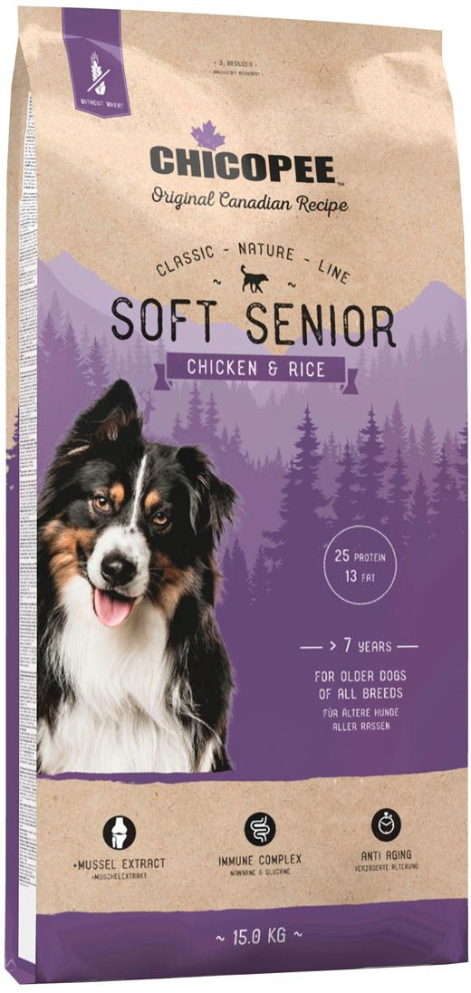 Консервы Chicopee CNL Soft Senior Chicken & Rice, для пожилых собак всех пород, с курицей и рисом, 15 кг8297015 Консервы Chicopee CNL Soft Senior Chicken & Rice, для пожилых собак всех пород, с курицей и рисом, 15 кг8297015CNL — Classic - Nature - lineКомплексная концепция питания на всех этапах жизни животного (концепция жизненного цикла). Высококачественные рационы без пшеницы обеспечивают полноценное питание вашим животным на всех этапах жизни при различных уровнях активности.Экстракт новозеландской зеленогубой мидии содержит особые компоненты благотворно влияющие на здоровье хрящей и суставов. Кроме того усиливается функциональность хряща в суставной области.В составе комплекса мананноолигосахариды и ?-глюканы. Они стабилизируют функционирование микрофлоры кишечника и поддерживают нормальное функционирование иммунной системы.