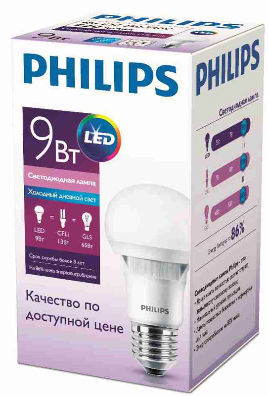 Лампа светодиоидная Philips Ess LED bulb, матовая, цоколь E27, 9W, 6500K871869666129100 Лампа светодиоидная Philips Ess LED bulb, матовая, цоколь E27, 9W, 6500K871869666129100Современные светодиодные лампы LED bulb экономичны, имеют долгий срок службы и мгновенно загораются, заполняя комнату светом. Лампа классической формы и высокой яркости позволяет создать уютную и приятную обстановку в любой комнате вашего дома.Светодиодные лампы потребляют на 86% меньше электроэнергии, чем обычные лампы накаливания, излучая при этом привычный и приятный свет. Срок службы светодиодной лампы LED bulb составляет не менее 25 000 часов, благодаря чему менять лампы приходится значительно реже, что сокращает количество отходов. Лампа имеет минимальный уровень пульсации, полностью безопасна и комфортна для глаз. Напряжение: 220-240 В.