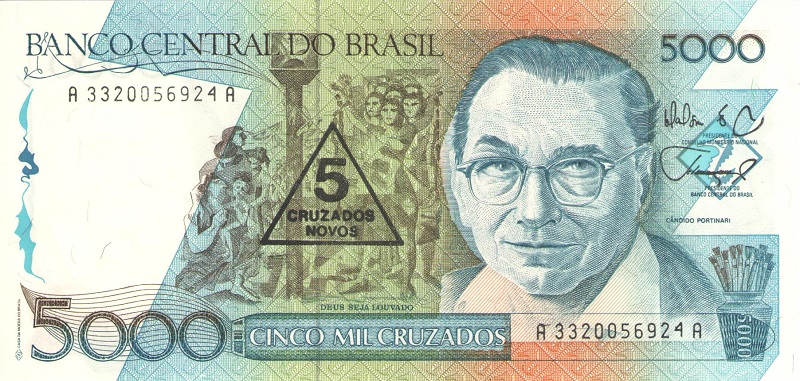 Банкнота номиналом 5 новых крузадо. Бразилия, 1989 год