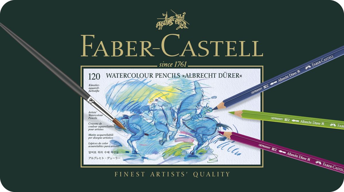 Faber-Castell Акварельные карандаши Albrecht Durer 120 шт117511 Faber-Castell Акварельные карандаши Albrecht Durer 120 шт117511Акварельные карандаши ALBRECHT DURER акварельные карандаши наивысшего качества• толстый грифель толщиной 3,8 мм• высококачественные пигменты гарантируют устойчивость к выцветанию •выразительный цвет, 120 цветов.