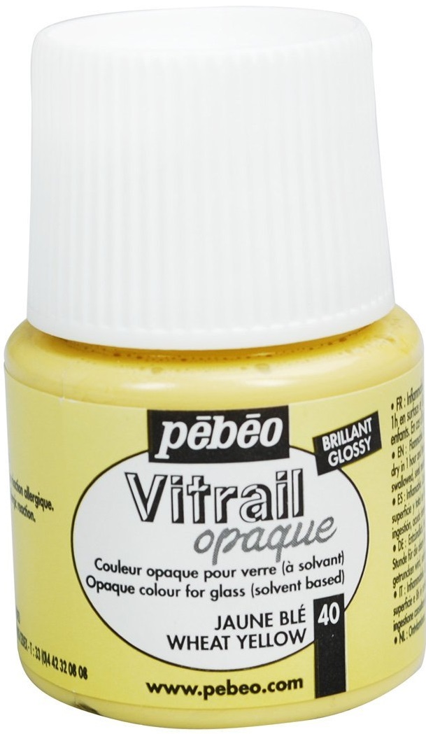 Pebeo Краска для стекла и металла Vitrail opale лаковая полупрозрачная цвет 050-040 пшеничный 45 мл050-040 Pebeo Краска для стекла и металла Vitrail opale лаковая полупрозрачная цвет 050-040 пшеничный 45 мл050-040Полупрозрачные краски на основе органического растворителя - сольвентаВысокая светостойкостьЯркий интенсивный цвет Поверхности: стекло, металл, холст, зеркало, пластик, керамика, дерево Время высыхания - поверхностное 1 час, полное - 8 часов Инструменты: кисть, пипетка, аппликатор Использовать только в декоративных целях Очистка: растворитель без запаха, уайт-спирит
