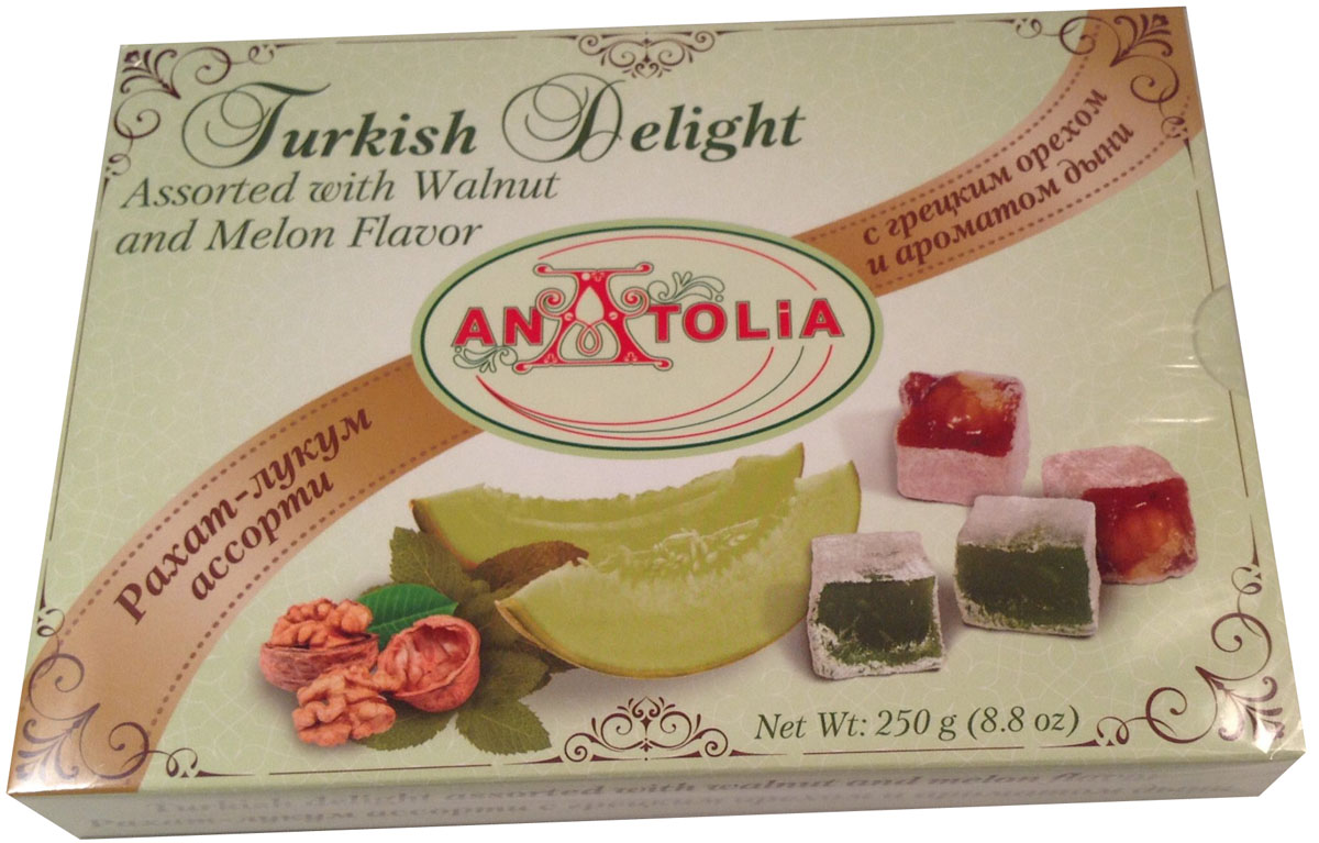 Anatolia рахат-лукум ассорти с грецким орехом и ароматом дыни, 250 гА22505 Anatolia рахат-лукум ассорти с грецким орехом и ароматом дыни, 250 гА22505Одним из самых известных восточных лакомств является лукум, рахат-лукум. Лукум начали изготавливать на Востоке еще около 400 лет назад, в период расцвета Османской империи. Сначала лукум подавался как особое лакомство при дворе падишаха, позже его стали готовить повсеместно, и лукум сделался традиционным лакомством Востока. Кроме того, что лукум необыкновенно вкусен, он полезен.