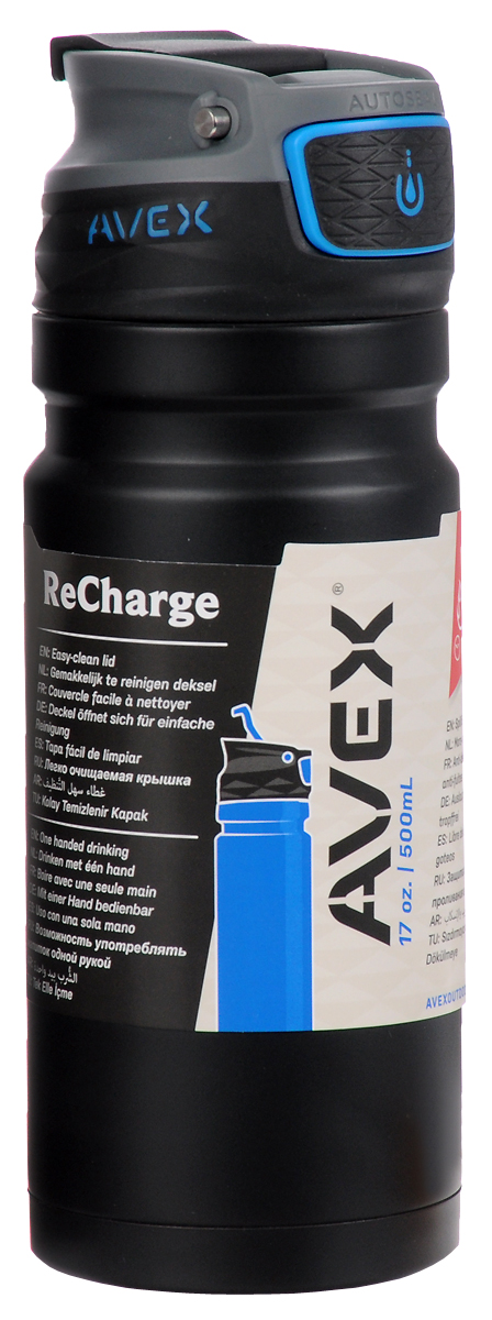 Термокружка Avex Recharge, 500 мл, цвет: черный. AVEX0679AVEX0679 Термокружка Avex Recharge, 500 мл, цвет: черный. AVEX0679AVEX0679Термокружка Avex Recharge с блокировкой случайного нажатия и системой легкого мытья термокружки предназначен для спортсменов и любителям активного отдыха. Система автоматически открывает клапан после каждого нажатия и закрывает поильник после отпускания кнопки. Термокружка с технологией вакуумной изоляции сохранит ваши напитки горячими до 7 часов и холодными до 17 часов. Крышка открывается для легкого и тщательного мытья термокружки таким образом, что ни одна деталь не потеряется во время промывки. Кроме того в конструкции предусмотрен специальный запирающий элемент, блокирующий кнопку от случайного нажатия и особый защитный колпачок, предотвращающий попадание посторонний частиц в поильник.