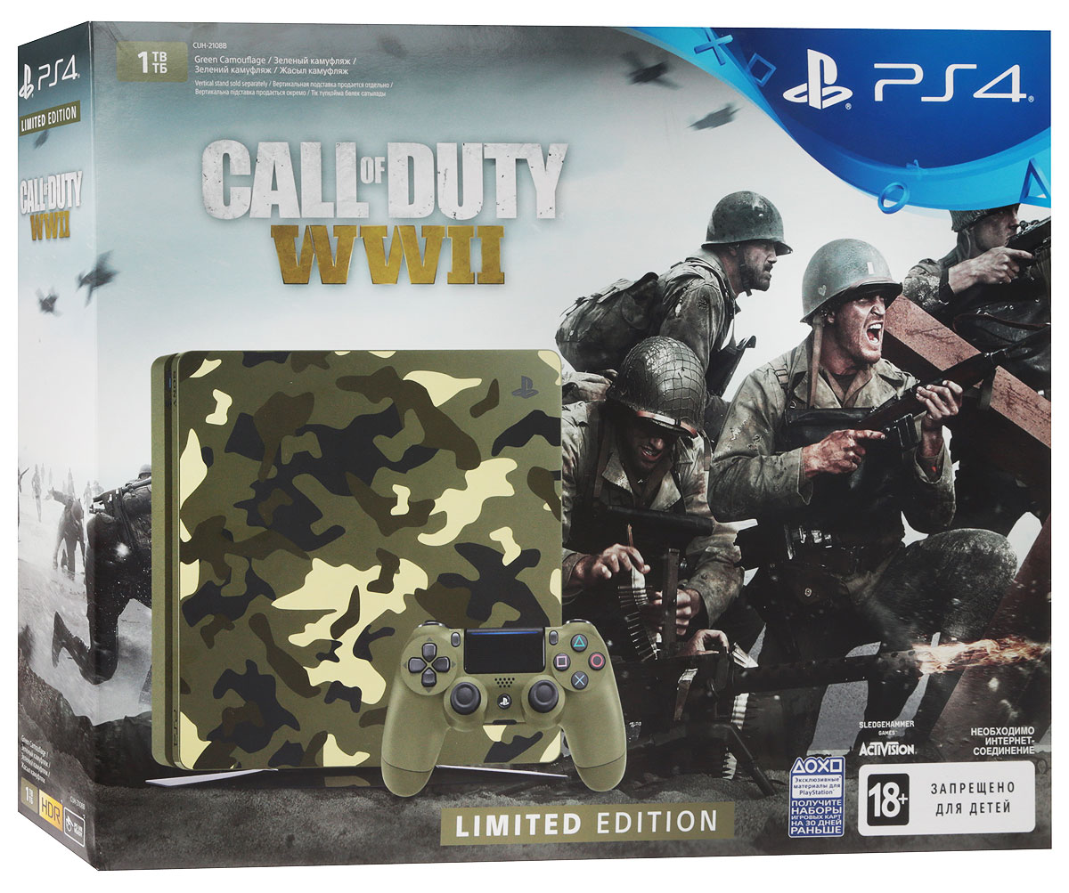Игровая приставка Sony PlayStation 4 Slim (1TB), Black + Call of Duty: WWII1CSC20003238 Игровая приставка Sony PlayStation 4 Slim (1TB), Black + Call of Duty: WWII1CSC20003238Внутренняя архитектура для новой версии PS4 была полностью пересмотрена, в результате чего объем консоли уменьшился более чем на 30%, а вес - на 25% и 16%. Также новая версия PS4 более энергоэффективна, так как потребление энергии было снижено на 34% и 28% в сравнении с предыдущими моделями консоли.Новая версия PS4 унаследовала скошенный дизайн предыдущих версий. Фронтальная и тыльная части корпуса расположены под углом. Вершины корпуса срезаны и закруглены, создавая более легкий дизайн, импонирующий большинству аудитории. Новый простой дизайн с глянцевым логотипом PS в центре верхней грани консоли будет прекрасно смотреться вне зависимости от того, как вы разместите корпус.Заглядывая в будущее технологий визуализации, все консоли PS4, включая данную модель, будут поддерживать HDR (High Dynamic Range), что позволит воспроизводить светлые и темные сцены с помощью гораздо большего количества цветов. Владельцы телевизоров, поддерживающих HDR, смогут насладиться играми и другим развлекательным контентом с более реалистичным и живым изображением. В преддверии трехлетнего юбилея портфолио игр для PS4 стало еще привлекательнее и при этом продолжает пополняться наиболее ожидаемыми играми от сторонних разработчиков и издателей.Процессор: x86-64 AMD Jaguar, 8 ядерВидеочип: 1.84 TFLOPS, графическое ядро AMD RadeonПамять: GDDR5, 8 ГБПривод BD/ DVDРазъемы: USB 3.1x2, aux, RJ-45, HDMIСетевые возможности: Ethernet (10BASE-T, 100BASE-TX, 1000BASE-T), IEEE 802.11 a/b/g/n/ac, Bluetooth v4.0Энергопотребление: 165 Вт