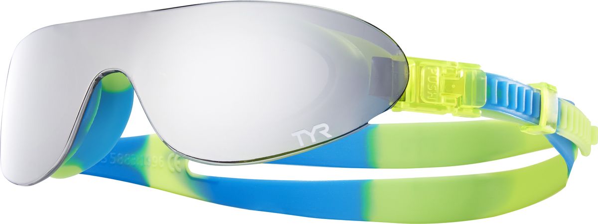 Очки для плавания Tyr Kids Swimshades Mirrored, цвет: серебристый, желтый, голубой. LGSHDMKLGSHDMK Очки для плавания Tyr Kids Swimshades Mirrored, цвет: серебристый, желтый, голубой. LGSHDMKLGSHDMKКомпания TYR выпустила стильные плавательные очки TYR SWIMSHADES и для самых маленьких пловцов. Внешняя зеркальная монолитная линза напоминает солнцезащитные очки, но при этом данная модель имеет традиционный для плавательных очков уплотнитель, сделанный по форме глаз. Легкая, обтекаемая, водонепроницаемая конструкция этих очков включает фирменный уплотнитель TYR Durafit. Мягкий износостойкий гипоаллергенный силикон, из которого создан уплотнитель, обеспечивает непревзойденный комфорт посадки, сохраняет защиту от протекания и форму в течение всего срока службы. Широкий периферический обзор и обработка линз антифогом обеспечивают оптимальную видимость в воде. Двойной ремешок очков обеспечивает надежную посадку. Удобная система подстройки настолько проста, что ваш ребенок сам сможет отрегулировать длину ремешка без посторонней помощи. В комплекте с очками вы найдете удобный тканевый мешочек для их хранения.Детские очки TYR Kids Swimshades Mirrored идеально подходят для активного отдыха и плавания на открытой воде. Очки протестированы и полностью соответствуют стандартам безопасности детской продукции