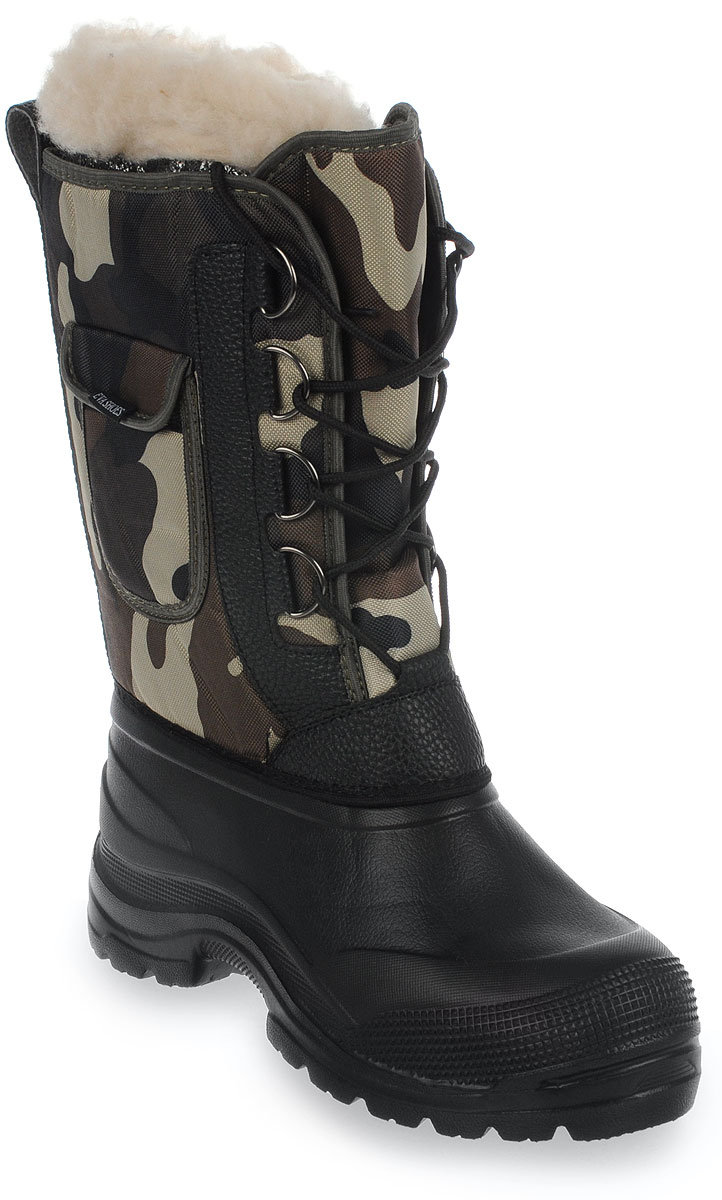 Сапоги зимние EVA Shoes Аляска (-40), цвет: черный, коричневый камуфляж. Размер 4259114 Сапоги зимние EVA Shoes Аляска (-40), цвет: черный, коричневый камуфляж. Размер 4259114Зимние сапоги EVA Shoes Аляска (-40) - это легкая, теплая и удобная обувь для зимней рыбалки и охоты. Галоша выполнена из ЭВА. Голенище изготовлено из прочного оксфорда. Внутри расположен съемный чулок из натурального меха с фольгой и спанбондом. На каждом из сапогов расположен небольшой кармашек на липучке. Шнурки помогают плотно прижимать сапог к ноге.