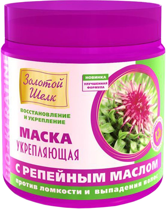 Золотой Шелк Укрепляющая маска с репейным маслом против ломкости и выпадения волос, 500 мл4607086564516 Золотой Шелк Укрепляющая маска с репейным маслом против ломкости и выпадения волос, 500 мл4607086564516Обеспечивает интенсивный уход за поврежденными и ослабленными волосами, склонными к выпадению. Основа маски – 100% репейное масло, пептиды кератина и шелка – питает и увлажняет волосы, воздействует на поврежденные участки, восстанавливает структуру волос, уменьшает ломкость и выпадение.