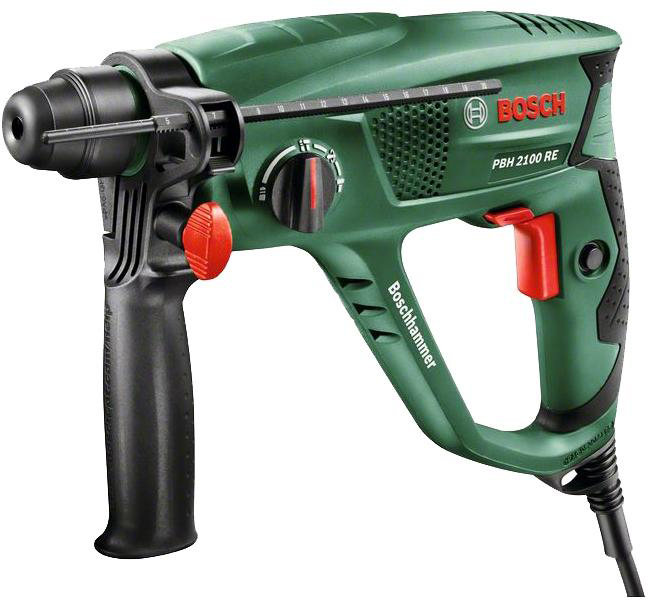 Bosch PBH 2100 RE (06033A9320) перфораторPBH 2100 RE Bosch PBH 2100 RE (06033A9320) перфораторPBH 2100 REДомашний помощникПроизводитель ручного инструмента Bosch создал модель PBH 2100 RE для использования как в быту, так и на производстве. Перфоратор предназначен для создания отверстий в металле, в дереве и других твердых материалах. В режиме «сверление с ударом» или «долбление» инструмент способен продолбить отверстие в бетоне, кирпиче, керамике. А если переключиться в режим «завинчивание» инструмент превращается в обычный шуруповерт, которым можно вкручивать саморезы.Отличная производительностьПри относительно не сложных видах работ, а также при эксплуатации инструмента на высоте вам необходим сравнительно легкий и производительный перфоратор. Именно таким является PBH 2100 RE от производителя Bosch. Весом 2.2 кг, он снабжен мощным двигателем 550 Вт и длинным сетевым кабелем 2.2 м. Модель имеет функцию удара с энергией 1.7 Дж, частотой 5800 уд/мин., что делает его отличным «убийцей» бетона и кирпича.Долбить или сверлитьСамым популярным режимом большинства перфораторов является режим «сверления с ударом», при котором рабочая оснастка получает одновременно оборотные и поступательные движения, таким образом делая отверстие в твердых материалах. В режиме удара («долбление») оборотные движения рабочего элемента отсутствуют, остаются только ударные, и наш перфоратор превращается в отбойный молоток, способный разрушать кирпич, камень и монолитные стены.SDS-патронУниверсальный патрон SDS-Plus позволяет закрепить зубило (и другие насадки) в разных положениях и обеспечивает удобную работу в труднодоступных местах.Диаметры сверленияДля надежной долговечной работы инструмента всегда необходимо знать максимальные рекомендуемые диаметры сверления определенных типов материалов, для PBH 2100 RE это: по дереву – 30 мм, по металлу – 13 мм, по бетону (кирпичу) – 20 мм.Полезные мелочиВ Bosch PBH 2100 RE предусмотрен ряд дополнительных конструктивных решений для более удобной эксплуатации: ограничитель глубины, дополнительная рукоятка, реверс, регулировка частоты вращения, блокировка кнопки включения. Bosch PBH 2100 RE — компактный перфоратор с высокой производительностью. Ударное сверление, долбление или обычное сверление — этот инструмент с двигателем на 550 Вт без труда справится с любой задачей. Пневматический ударный механизм Bosch с энергией единичного удара 1,7 Дж обеспечивает высокую силу удара независимо от нажима. Это дает возможность простого сверления сквозных отверстий даже в очень твердых материалах. Благодаря компактному дизайну Slimline с мягкими накладками и весу всего 2,2 кг работа с PBH 2100 RE отличается высоким комфортом.Практичный перфоратор Bosch из серии Universal станет надежным помощником в любом деле. При сверлении отверстий в бетоне и кирпичной кладке посредством поворотного переключателя можно настроить режим сверления с ударом и без него. При этом можно произвольно регулировать частоту вращения и таким образом оптимальным образом адаптировать ее с учетом свойств обрабатываемого материала. Благодаря встроенной функции долбления перфоратор в считанные секунды превращается в отбойный молоток, с помощью которого можно, например, удалять старую керамическую плитку на кухне и в ванной или штробить канавки под кабельную проводку. PBH 2100 RE без труда справится с изготовлением небольших проемов в кирпичной стене и демонтажными работами.PBH 2100 RE от Bosch идеально подойдет для всех профессионалов, которым требуется компактный инструмент. Благодаря своей эргономичной форме, мягким накладкам и малому весу этот перфоратор будет всегда оптимально лежать в руке. Практичным решением является также сверлильный патрон SDS-plus с функцией Vario-Lock: это позволяет быстро и без использования дополнительного инструмента менять сверла и зубила. Зубило можно фиксировать в 36 различных положениях. Еще одним преимуществом является выключатель с функцией акселератора, с помощью которого можно бережно засверливать такие чувствительные материалы, как керамическая плитка. После завершения засверливания можно продолжать сверлить с полной частотой вращения.Этот перфоратор от Bosch без проблем справится даже с изготовлением небольших по размеру проемов в кирпичной стене и демонтажными работами.Bosch PBH 2100 RE — компактный перфоратор с высокой производительностью. Ударное сверление, долбление или обычное сверление — этот инструмент с двигателем на 550 Вт без труда справится с любой задачей. Пневматический ударный механизм Bosch с энергией единичного удара 1,7 Дж обеспечивает высокую силу удара независимо от нажима. Это дает возможность простого сверления сквозных отверстий даже в очень твердых материалах. Благодаря компактному дизайну Slimline с мягкими накладками и весу всего 2,2 кг работа с PBH 2100 RE отличается высоким комфортом.Практичный перфоратор Bosch из серии Universal станет надежным помощником в любом деле. При сверлении отверстий в бетоне и кирпичной кладке посредством поворотного переключателя можно настроить режим сверления с ударом и без него. При этом можно произвольно регулировать частоту вращения и таким образом оптимальным образом адаптировать ее с учетом свойств обрабатываемого материала. Благодаря встроенной функции долбления перфоратор в считанные секунды превращается в отбойный молоток, с помощью которого можно, например, удалять старую керамическую плитку на кухне и в ванной или штробить канавки под кабельную проводку. PBH 2100 RE без труда справится с изготовлением небольших проемов в кирпичной стене и демонтажными работами.PBH 2100 RE от Bosch идеально подойдет для всех профессионалов, которым требуется компактный инструмент. Благодаря своей эргономичной форме, мягким накладкам и малому весу этот перфоратор будет всегда оптимально лежать в руке. Практичным решением является также сверлильный патрон SDS-plus с функцией Vario-Lock: это позволяет быстро и без использования дополнительного инструмента менять сверла и зубила. Зубило можно фиксировать в 36 различных положениях. Еще одним преимуществом является выключатель с функцией акселератора, с помощью которого можно бережно засверливать такие чувствительные материалы, как керамическая плитка. После завершения засверливания можно продолжать сверлить с полной частотой вращения.Этот перфоратор от Bosch без проблем справится даже с изготовлением небольших по размеру проемов в кирпичной стене и демонтажными работами.