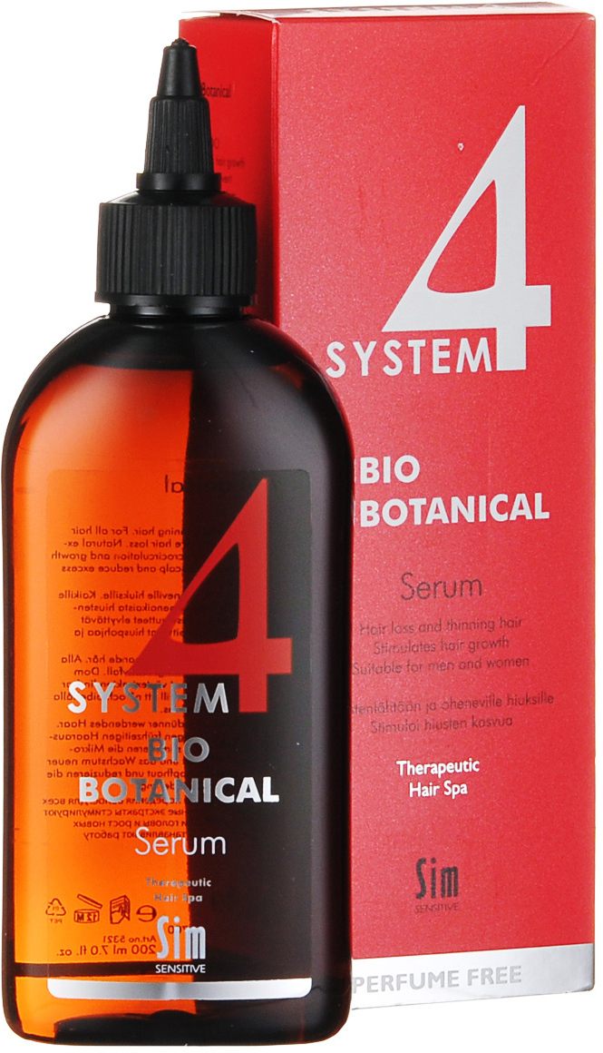 SIM SENSITIVE Био Ботаническая Сыворотка SYSTEM 4 Bio Botanical Serum , 200мл5321 SIM SENSITIVE Био Ботаническая Сыворотка SYSTEM 4 Bio Botanical Serum , 200мл5321КАК РАБОТАЕТ:сыворотка – главный и наиболее сильный препарат в комплексе за счет входящих в состав растительных экстрактов репейника, настурции, крапивы, розмарина, а также комплекса витаминов C, E, PP, B6. Стимулирует активное деление клеток волосяных фолликул и утолщение волос.