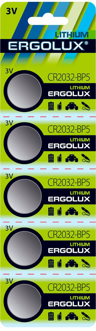 Батарейка литиевая Ergolux, тип CR2032, 3 В, 5 шт12051 Батарейка литиевая Ergolux, тип CR2032, 3 В, 5 шт12051Батарейка Ergolux - это литиевая батарейка типа CR2032, которая применяется для поддержания памяти различных электронных устройствах. Литиевая батарейка Ergolux с напряжением 3 вольта является емким источником длительной энергии и лучше всего подходит для КПК, фото и видео техники, калькуляторов, охранных систем и других электронных устройств. Литиевая батарейка Ergolux обеспечивает более высокое напряжение, низкий уровень саморазряда (не более 2% в год), стабильную работу в широком диапазоне температур, длительный срок хранения (5-10 лет). Батарейка Ergolux - незаменимый источник энергии для современных электронных систем.В комплекте 5 штук.