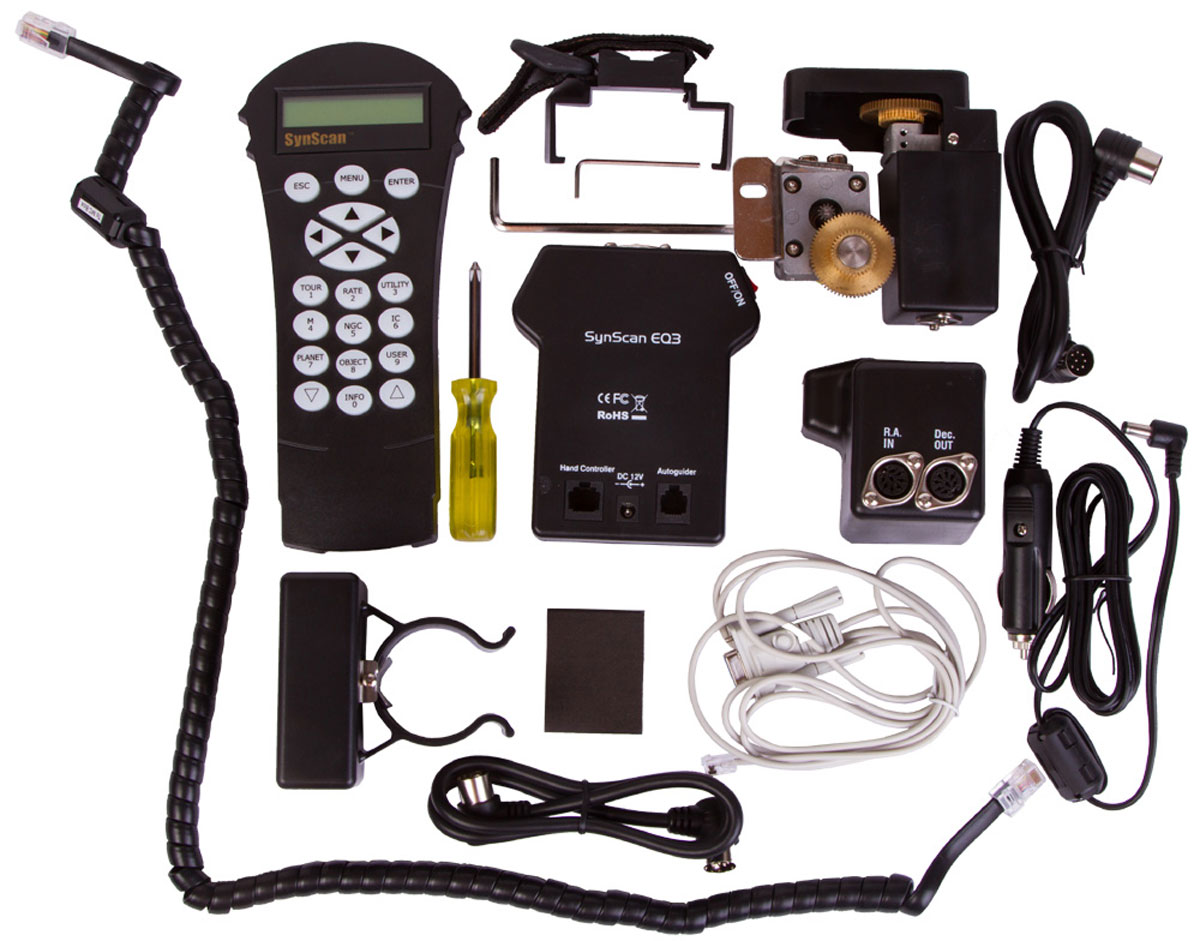 Sky-Watcher EQ3 комплект для модернизации монтировки (SynScan GOTO)68809 Sky-Watcher EQ3 комплект для модернизации монтировки (SynScan GOTO)68809Комплект Sky-Watcher для модернизации монтировки EQ3 позволяет легко расширить возможности вашего телескопа. Благодаря системе автонаведения SynScan вам больше не придется тратить время на поиск объектов и наведение. Для управления используется удобный пульт с интуитивно понятным интерфейсом.База данных SynScan содержит координаты 42900 астрономических объектов – чтобы навестись на любой из них, достаточно нажать на кнопку на пульте. Кроме того, монтировкой можно управлять при помощи специальной программы-планетария – для этого пульт нужно подключить к компьютеру.В комплект входят высокоточные моторные приводы. Они устанавливаются по обеим осям монтировки и обеспечивают ровное и плавное перемещение оптической трубы – это особенно важно при астросъемке.Технические характеристики:Электродвигатели: шаговые.Компенсация: люфта есть. Разрешение: 0,288 угл.с.Позиционирование по одной звезде, по двум звездам, по трем звездам.Скорости наведения: 0,5x, 1x, 8x, 16x, 32x, 64x, 400x, 500x, 600x, 800x.Скорости слежения: звездная, солнечная, лунная.Скорости автогидирования: 0,25x, 0,5x, 0,75x, 1x. Коррекция периодической ошибки (PEC): есть.Пульт управления SynScan.Каталоги объектов Мессье, NGC, IC, SAO, Колдуэлла, Двойные звезды, Переменные звезды, Звезды с собственными названиями, Планеты.База объектов: 42900.Точность наведения: до 1 угла.Порты: ST-4.Источник питания: 11–15 В, 2 A (постоянный ток).