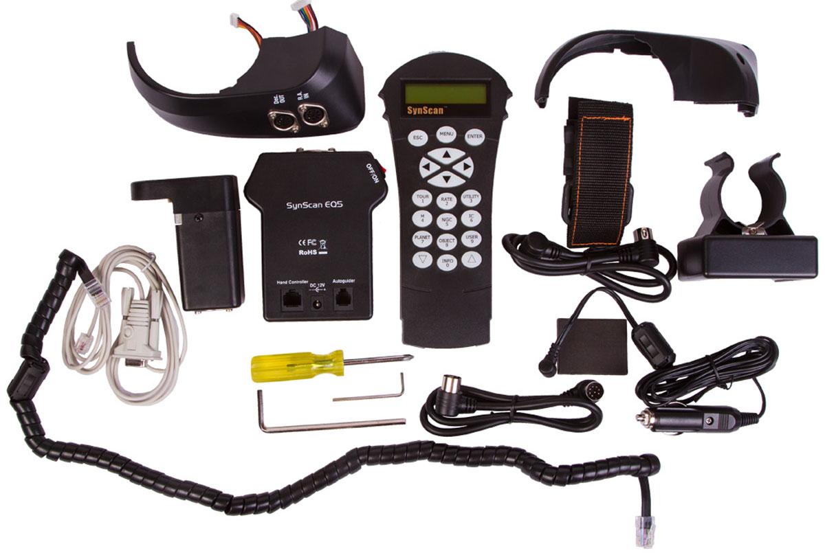 Sky-Watcher EQ5 комплект для модернизации монтировки (SynScan GOTO)68810 Sky-Watcher EQ5 комплект для модернизации монтировки (SynScan GOTO)68810Используя комплект Sky-Watcher для модернизации монтировки EQ5, вы сможете значительно расширить возможности своего телескопа. С помощью системы автонаведения SynScan можно легко и быстро подготовить телескоп к работе, выбрать любой объект из базы данных и точно навестись на него. Пульт обеспечивает простое и удобно управление.База данных пульта содержит координаты 13436 небесных тел – чтобы полюбоваться любым из них, достаточно нажать кнопку. Если подключить пульт к компьютеру, можно управлять телескопом при помощи программы-планетария.В комплект входят моторные приводы оси склонения и оси прямого восхождения. Приводы плавно и равно перемещают трубу телескопа так, чтобы выбранный объект всегда оставался в центре поля зрения. Высокая точность ведения позволяет использовать телескоп для астрофотографии.Технические характеристики:Электродвигатели шаговые: (1,8°/шаг, 64 микрошага).Максимальная скорость наведения: 3,4° в секунду (800x).Позиционирование: по одной звезде, по двум звездам, по трем звездам. Скорости наведения: 0,5x, 1x, 8x, 16x, 32x, 64x, 400x, 500x, 600x, 800x. Скорости слежения: звездная, солнечная, лунная.Скорости автогидирования: 0,25x, 0,5x, 0,75x, 1x.Коррекция периодической ошибки (PEC): есть.Пульт управления SynScan.Каталоги объектов: Мессье, NGC, IC.База объектов: 13436. Точность наведения: до 1 угла. Порты: ST-4.