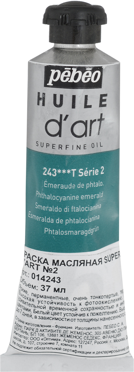 Pebeo Краска масляная Super Fine DArt №2 цвет 014243 изумрудный фтало 37 мл014243 Pebeo Краска масляная Super Fine DArt №2 цвет 014243 изумрудный фтало 37 мл014243Масляные краски super fine Dart обладают удивительной временной сохранностью и интенсивными цветами Их богатый и маслянистый характер подходит для самых разных живописных манер и позволит каждому выражать себя в искусстве через 60 оттенков и 3 серии исключительной глубины! Цвета: Яркие, перманентные, очень тонко растертые, обладают высокой устойчивостью к тепловому и фото окислению Белый цвет устойчив к пожелтению Высыхание на поверхности нанесения: В среднем, от 2 до 7 дней, в зависимости от толщины нанесенного слоя Разведение: Растворителями, маслами или медиумами, в зависимости от желаемого эффекта Очистка: Уайт-спирит, разбавитель без запаха Использование: Благодаря своей кремообразной текстуре и отзывчивости , краска отлично подходит для всех техник и точно воспроизводит стиль художника Органические и неорганические пигменты тщательно подобраны и скомбинированы по своим характеристикамОчень тонко расте ртые, они придают краскам замечательную яркость и силу Выбор сиккативных масел, - связующих веществ, является решающим моментом для долговечности произведения и помогает не допустить необратимых изменений, таких как общее потемнение работы, изменения яркости или появления микротрещин В рамках исследований, проведенных совместно Pebeo и Национальным центром фотозащиты, для красок dArt были разработаны высокоэффективные смеси масел, обеспечивающие их оптимальное старение Краски могут наноситься отдельно или в смеси, тонким или грубым слоем на холст, картон, дерево