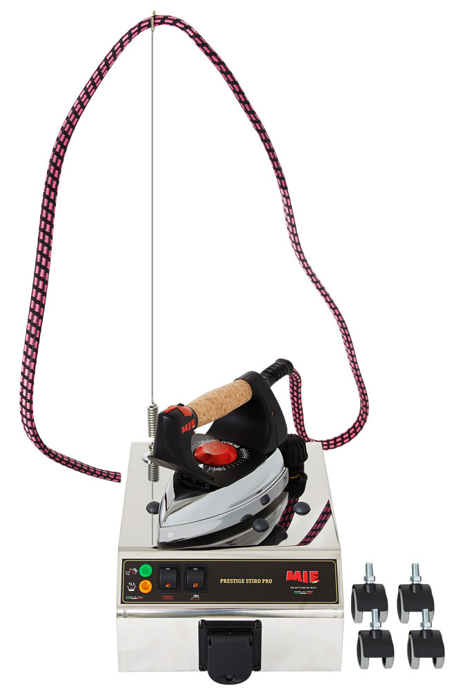 MIE Stiro Pro Inox парогенератор380703 MIE Stiro Pro Inox парогенератор380703Парогенератор с утюгом MIE Stiro Pro Inox – это выносливый и мощный парогенератор в корпусе из нержавеющей стали. Высокотехнологичный продукт с хорошими техническими характеристиками, он подходит для профессионального использования и для использования в домашних условиях.Парогенератор MIE Stiro Pro Inox позволяет разглаживать любые ткани, даже самые устойчивые к тепловой обработке, т.к. он подает пар под давлением до 6 Бар. А в сочетании с работой профессионального утюга такой мощный пар на 100% проникает в волокна ткани, распрямляя и разглаживая их.Парогенератор MIE Stiro Pro Inox превосходно отгладит сложенные в несколько слоев столовое и постельное белье, полотенца и покрывала. Навести стрелки на брюках, отгладить мужские сорочки, льняные и джинсовые изделия, шерстяные и трикотажные вещи можно быстро, качественно и без особых усилий с парогенератором MIE Stiro Pro Inox. Объем бойлера парогенератора 1,3 литр. С этим запасом воды можно непрерывно гладить примерно в течение 1 часа.MIE Stiro Pro Inox имеет контрольные индикаторы готовности пара и окончания воды в бойлере.Утюг парогенератора MIE Stiro Pro Inox имеет толстую металлическую подошву и пробковую ручку. Пробковая ручка не скользит в руке, со временем она приобретает форму пальцев. Толстая металлическая подошва быстро разогревается до заданной температуры и превосходно скользит по ткани. Кнопка подачи пара на ручке утюга имеет дублер, что создает дополнительное удобство при глажении.Кроме этого, утюг парогенератора MIE Stiro Pro Inox имеет штекерную систему соединения с парогенератором. Штекер парового шланга утюга подключается в соответствующее гнездо на корпусе парогенератора.В комплекте парогенератора есть тефлоновая насадка для подошвы утюга. Эта насадка защищает от воздействия высоких температур деликатные, чувствительные ткани, забирая на себя около 40% тепла подошвы утюга. Разогревать подошву утюга до максимальной температуры необходимо, чтобы получить сухой пар и избежать образования конденсата на подошве. Тефлоновая насадка защитит ткань от ожога.Колесики, которые идут в комплекте парогенератора MIE Stiro Pro Inox, прикрепляются к корпусу парогенератора и позволяют перемещать парогенератор в помещении. Это удобно при вертикальном отпаривании гардин, обивки мягкой мебели, паровой чистке.На корпусе парогенератора MIE Stiro Pro Inox находится съемный коврик для утюга из термостойкого каучука. Во время глаженья не обязательно всегда ставить утюг на корпус парогенератора, можно расположить коврик для утюга там, где удобно, например, на рабочей поверхности гладильной доски.