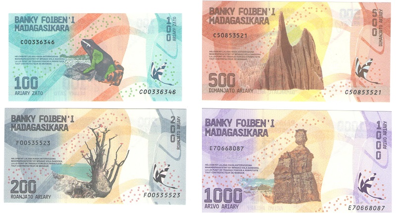 Банкноты номиналами 100, 200, 500 и 1000 ариари. Мадагаскар, 2017 год