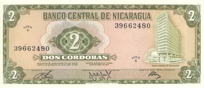 Банкнота номиналом 2 кордоба. Никарагуа, 1972 год