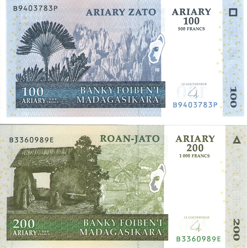 Банкноты номиналами 100 (500 франков) и 200 (1000 франков) ариари. Мадагаскар, 2004 год