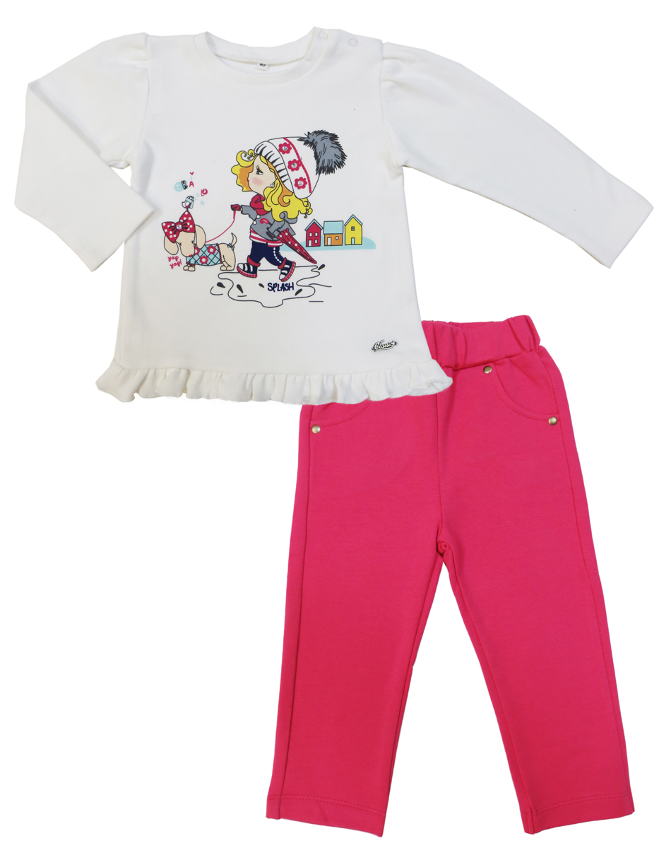 Комплект для девочки Soni Kids Прогулка с Мими: лонгслив, брюки, цвет: розовый, белый. З7121031. Размер 92