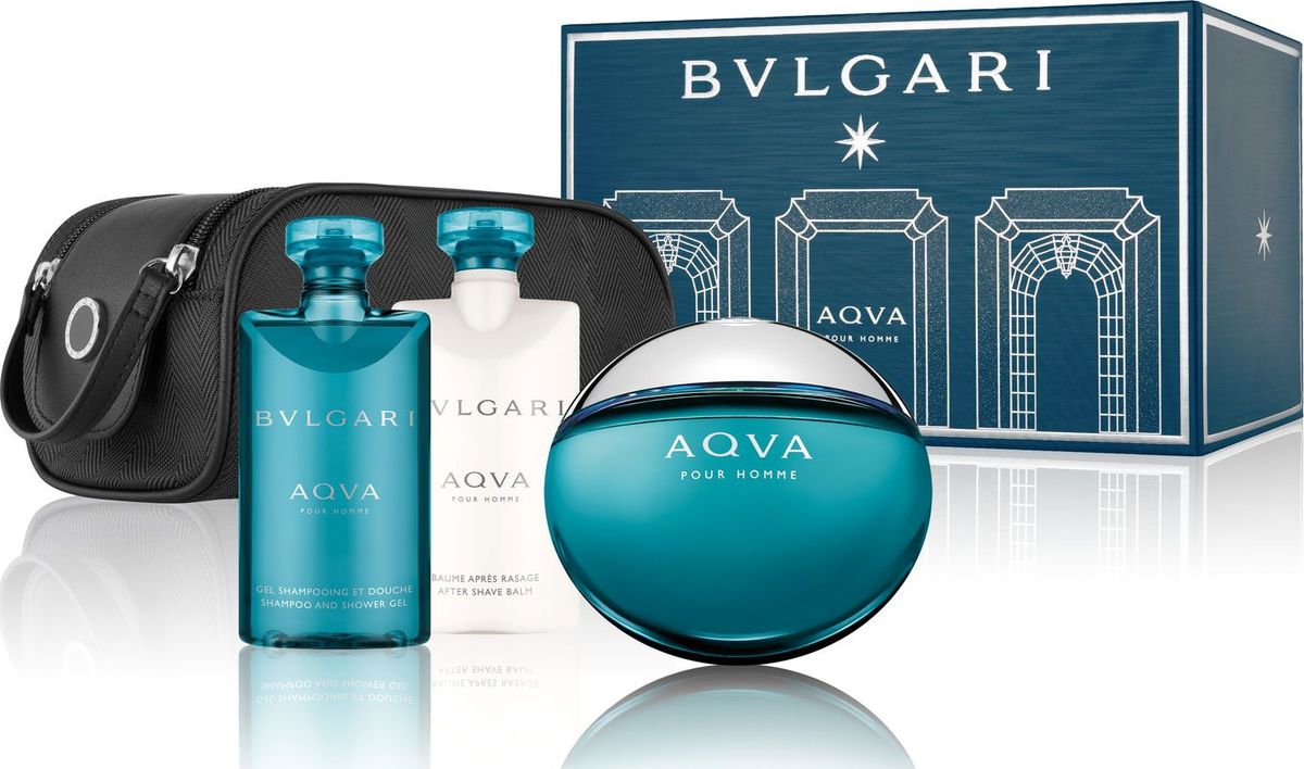 Bvlgari Aqva Pour Homme Набор Туалетная вода 100 мл + шампунь и гель для душа 75 мл + бальзам после бритья 75 мл + косметичка туалетная вода bvlgari aqva объем 50 мл вес 100 00