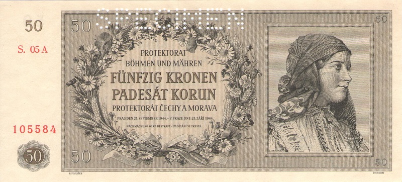 Банкнота номиналом 50 крон. Чехословакия. 1944 год (образец)