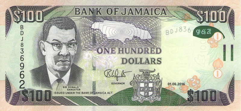 Банкнота номиналом 100 долларов. Ямайка. 2016 год